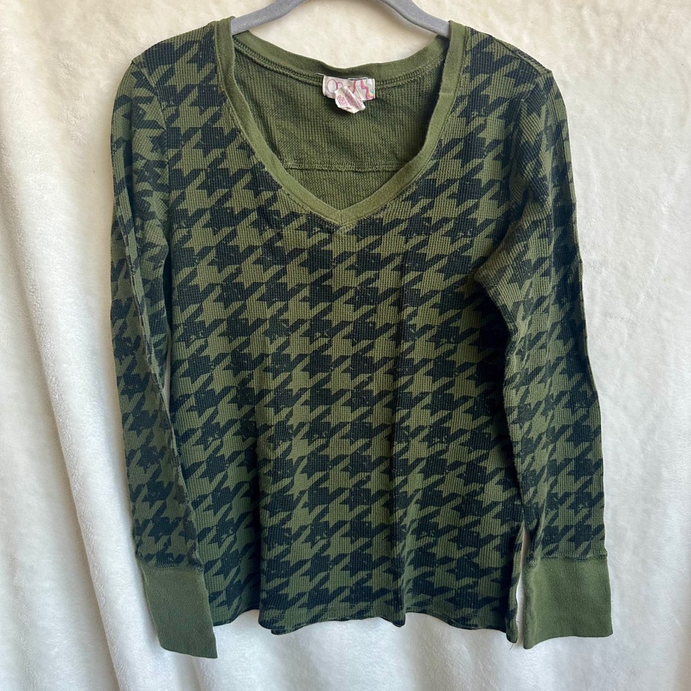 OP Olive Green‎ Black Houndstooth V-neck Thermal Waffle Knit Shirt Size XL